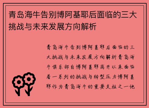 青岛海牛告别博阿基耶后面临的三大挑战与未来发展方向解析