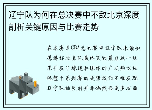 辽宁队为何在总决赛中不敌北京深度剖析关键原因与比赛走势