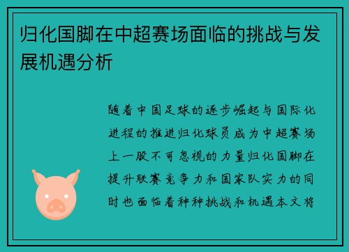 归化国脚在中超赛场面临的挑战与发展机遇分析